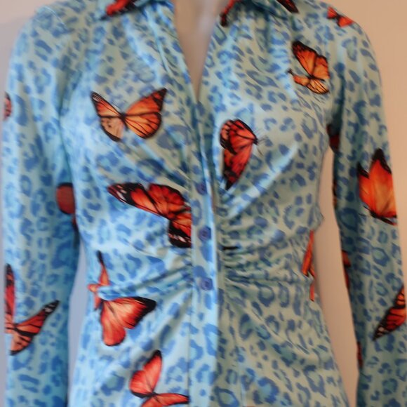 NWT Womens LACA USA Blue, Orange Butterfly Print Button Down Blouse L - Picture 3 of 5